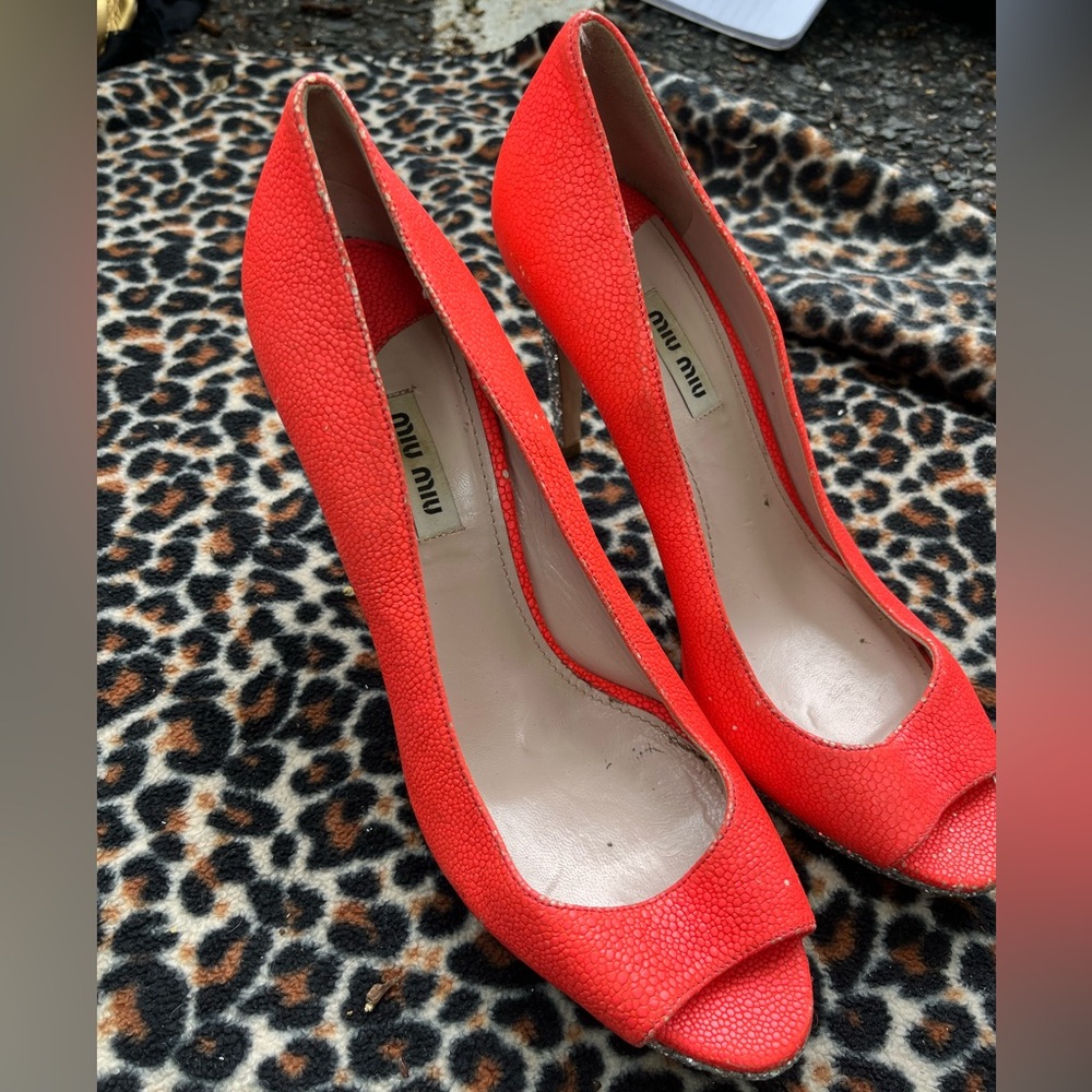 Miu Miu Red Peep Toe Heels BRIGHT ORANDE SZ 9